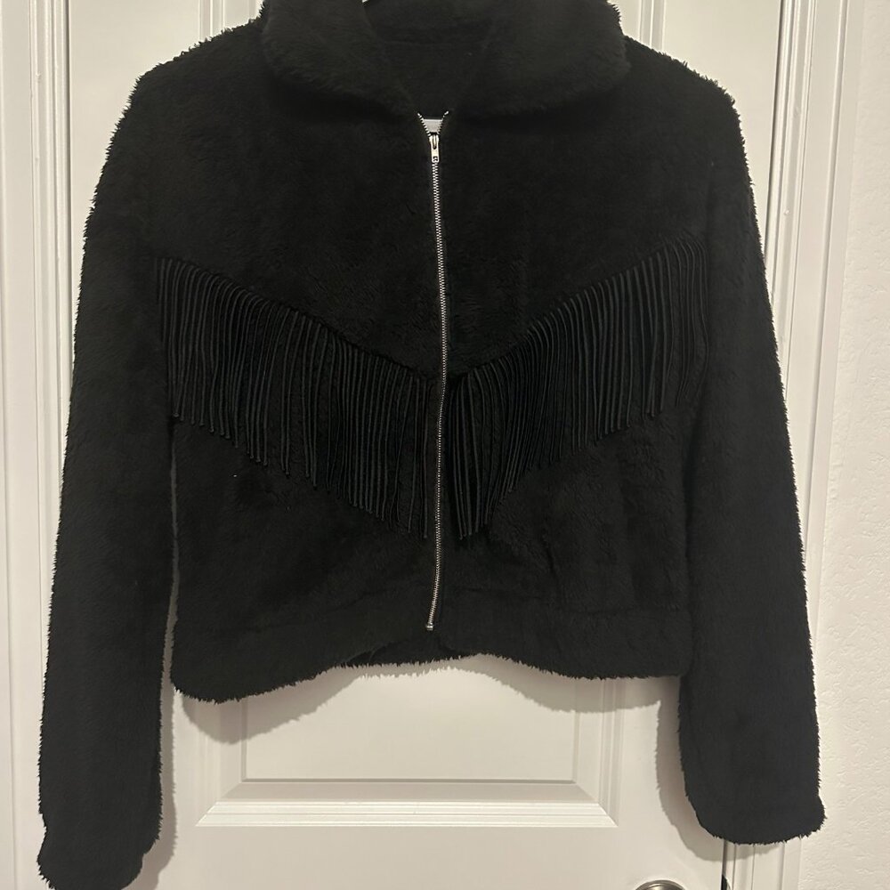 Shein Black Faux Fur Fringe Jacket Womens M 38 Polyester Zip Closure - Picture 8 of 8